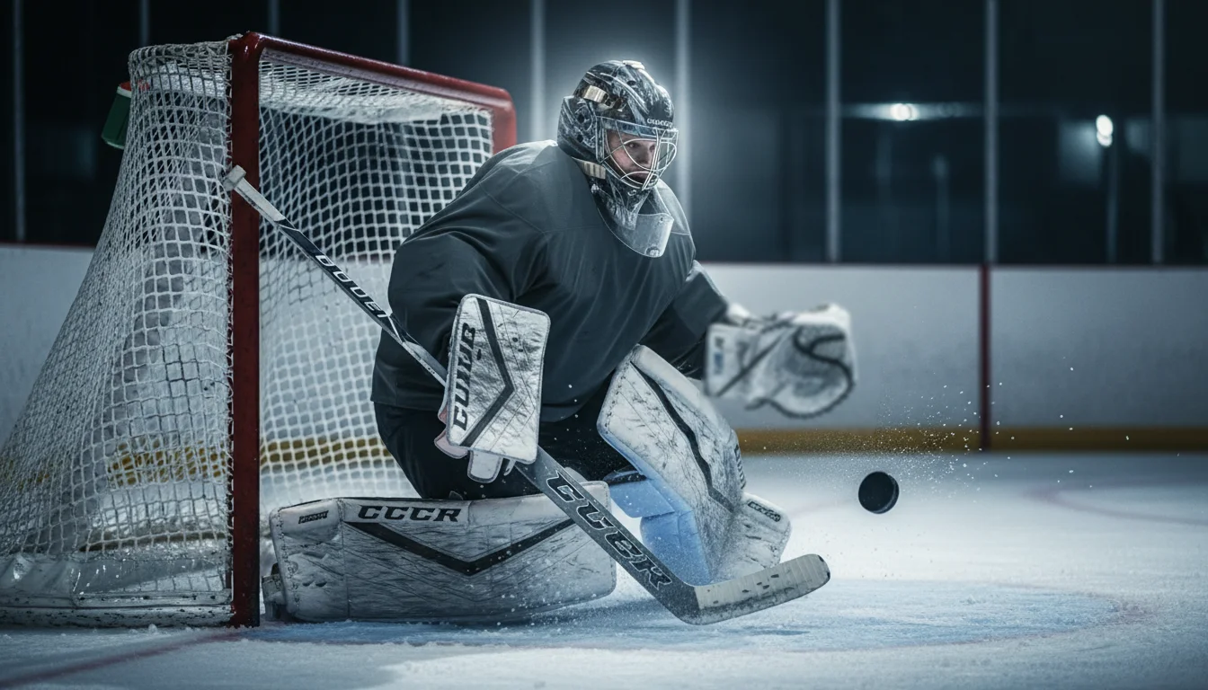 Jääkiekkomaalivahti torjunta-asennossa pudotuspeliottelussa